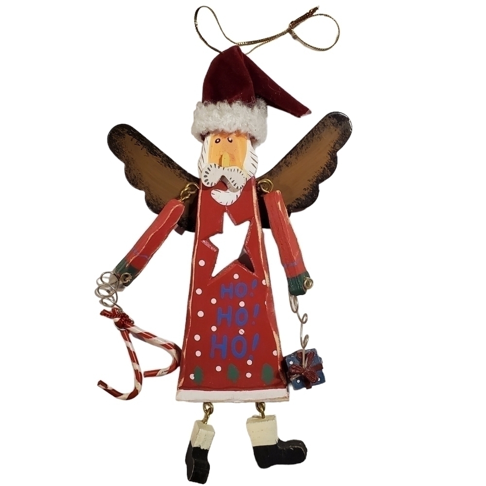Painted rustic Wood wire Dangly Santa wings Star Candy Cane Present Ornament